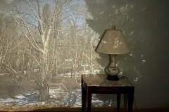 Camera obscura projection of wintry scene snow on ground brare trees onto wall with end table and lamp