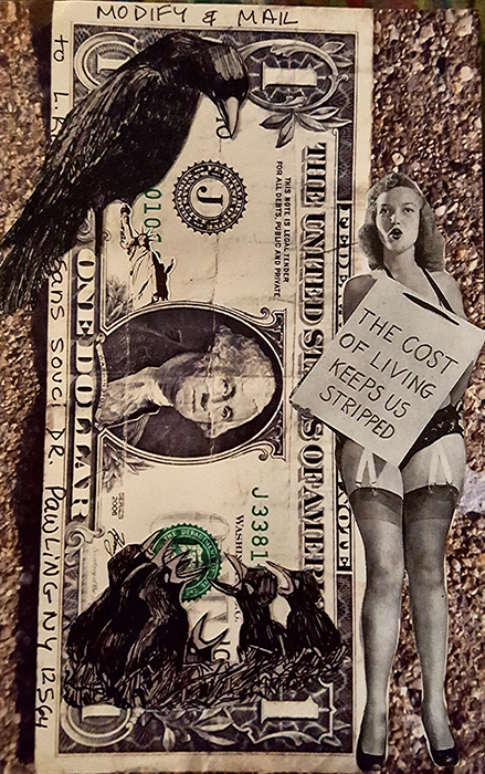 one dollar bill nest of birds woman with sign the cost of living keeps us stripped