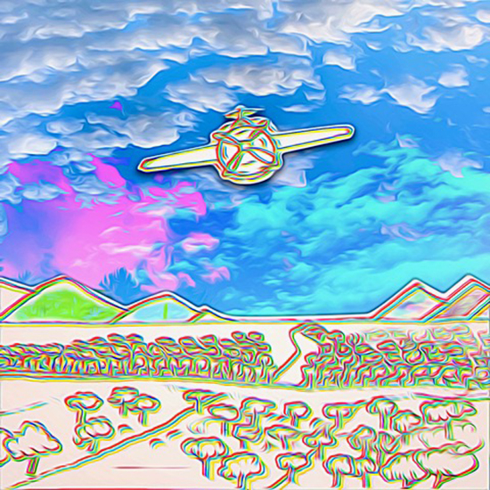 white and pink sky colorized manipulated drawing of prop plane over fields