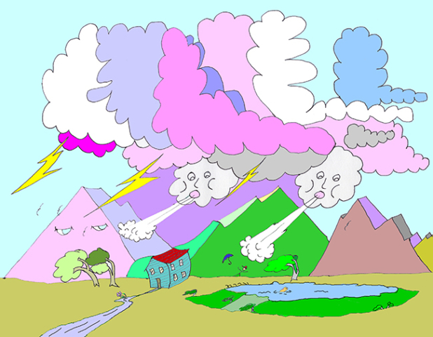 cartoon style drawing vibrantly colored clouds, winds blowing over valley