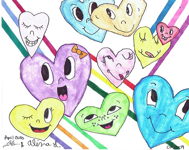 hearts with expressive happy faces on striped background