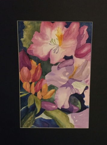 Watercolor of large colorful blossoms in pinks, greens, oranges