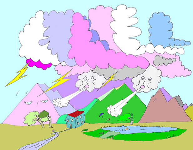 cartoon style drawing with pink and purple clouds, heavy winds blowing over wind tossed valley