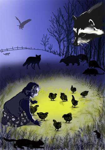 Woman in lighted circle guarding chicks against night predators