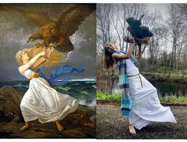 woman re-enacting dramatic painting of eagle attacking a woman