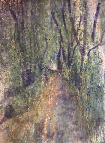 dreamy impressionistic painting of wooded tunnel like path
