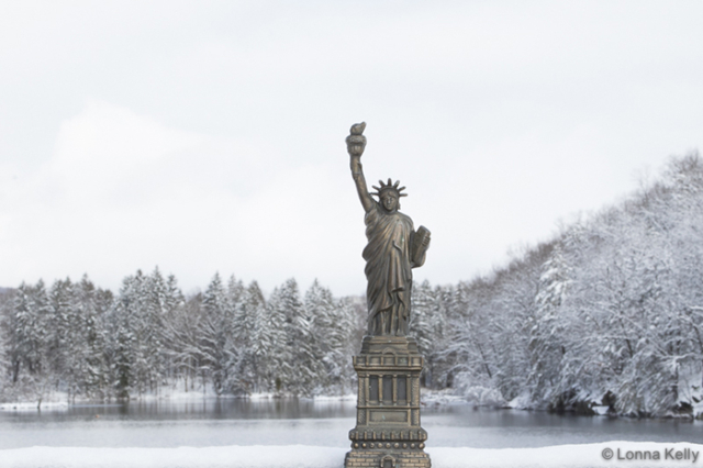 statue of Liberty against snowy icy black and white background