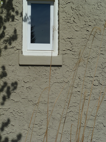 stucco wall with small rectangular window, leafy shadows