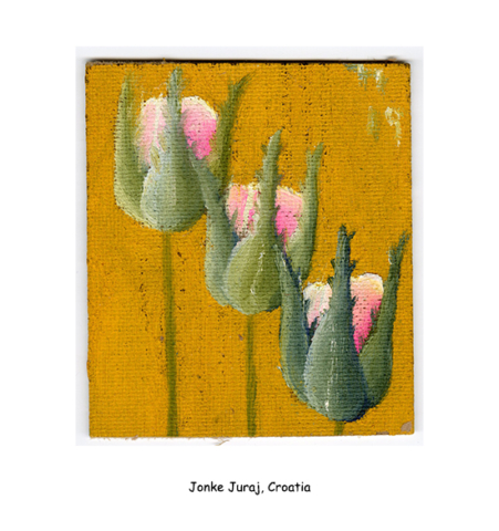 three pink and green tulips, gold background on textured board