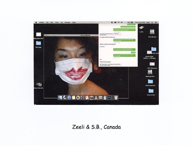 computer screen shot with woman with white face mask and large red lips painted on mask