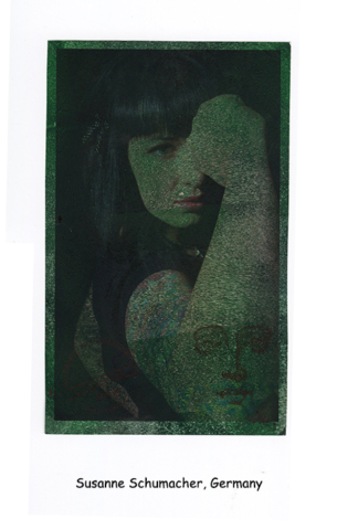 green toned image of long haired woman flexing and with drawing of face on forearm