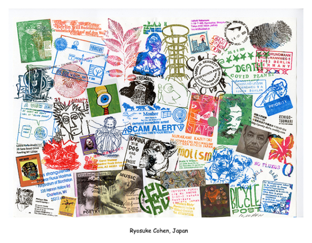 multicolor stamps of varied images fill the page