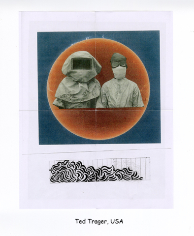 two persons masked in full vintage looking protective gear set in circles within square