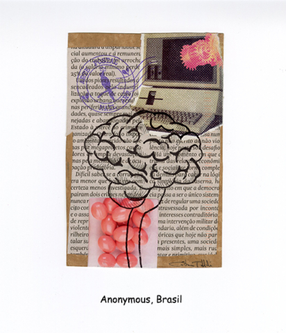 collage with brain like drawing on page of text
