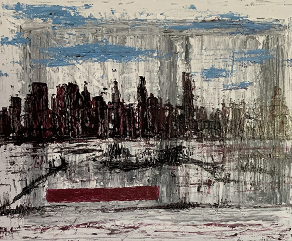 abstract black and white painting of city