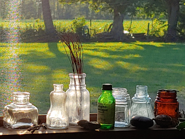 Sun lit vintage glass bottles on windowsill looking out on grass and trees