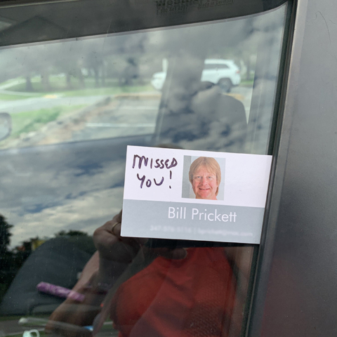 Bill Prickett's business card on car window