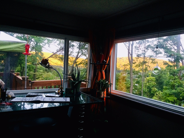 View of the trees and distant yellow fall foliage out a window