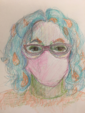 self portrait of jane shufer with mask and glasses