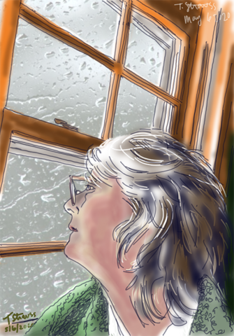 woman gazing pensively out rain splashed window