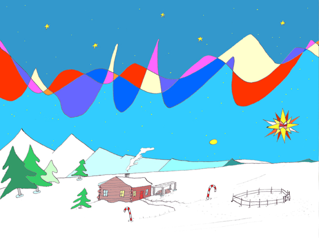 cartoon style drawing of northern lights above snowy field and cabin