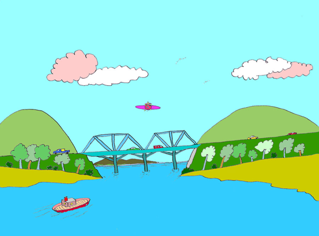 Colorful waterscape cartoon style bridge over lake cars plane boad