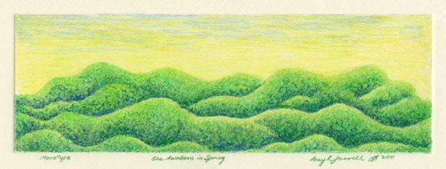 Horizontal sumptuous spring green hills under yellow sky
