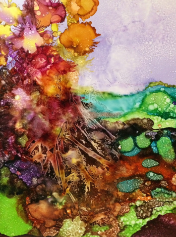 abstract landscape alcohol inks earth tones exuberant growth