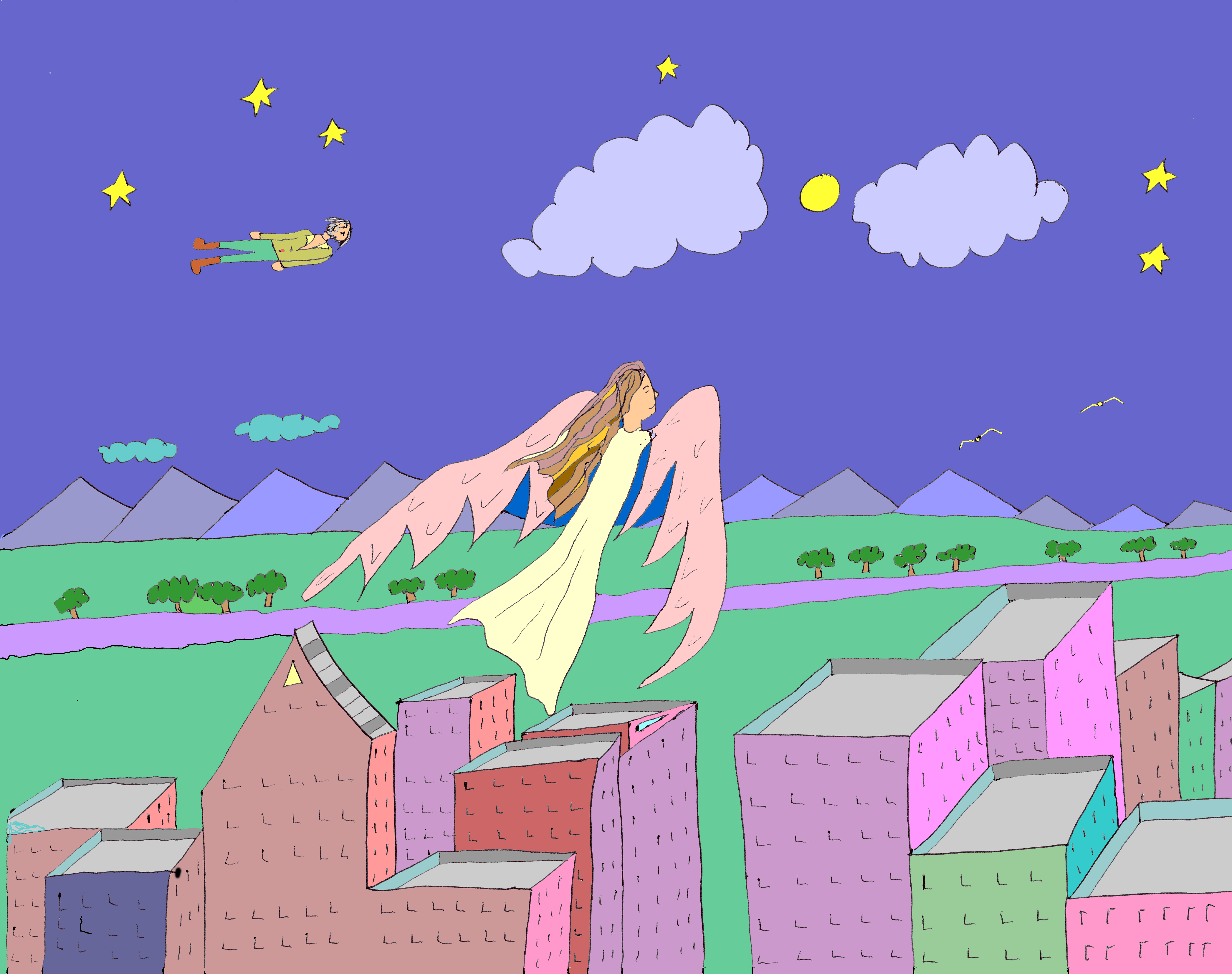 angel flying over cartoon style cityscape 