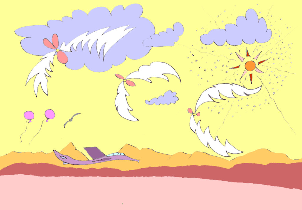 yellow sky flying angels over pink desert