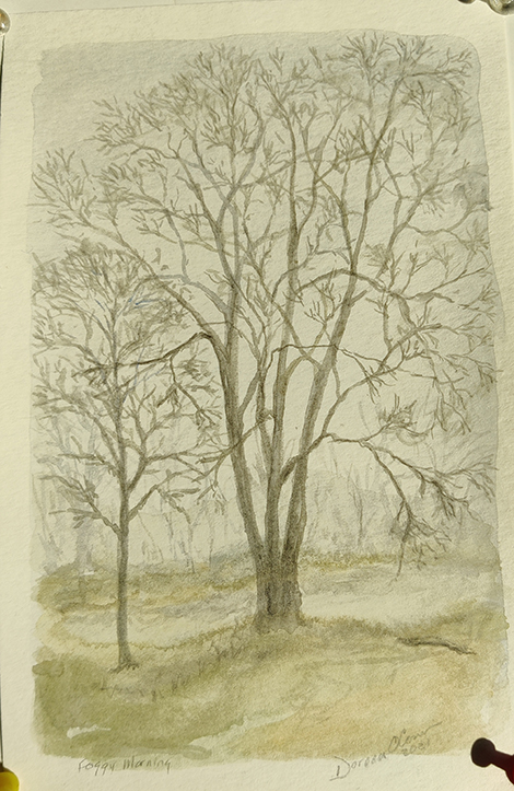 water color of three limbed tree on a foggy morning