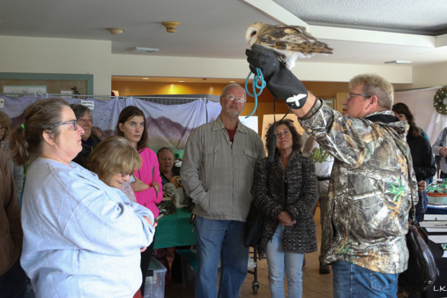 falconer holding owl aloft as people listen to his talk