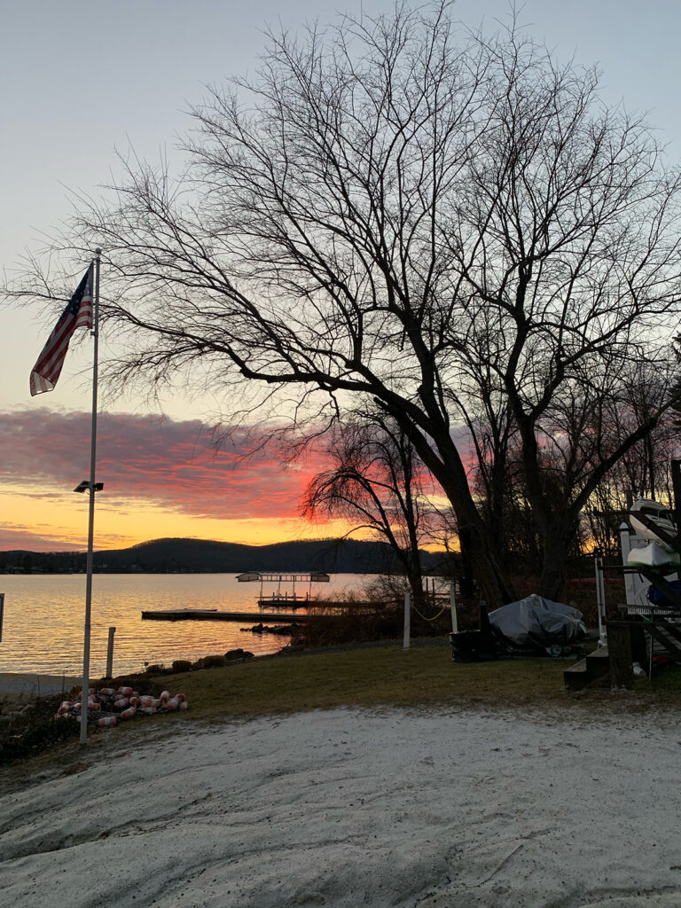 glowing sunset at beach is the backdrop for tall spreading tree in winger