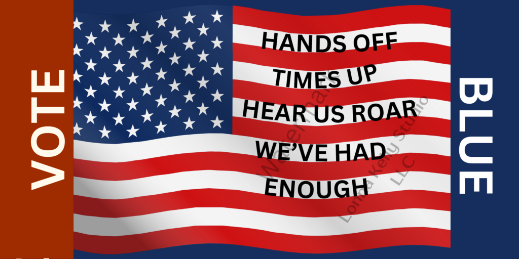 bumper sticker with American flag and text hands off times up hear us roar we've had enough Vote Blue