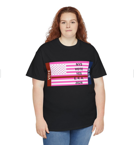 woman in black t shirt with pink womens lives matter flag and text NYS Vote Yes E. R. A. 2024