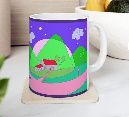 colorful coffee mug with purple sky and green dome over small house